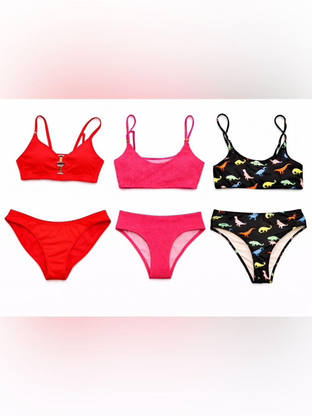 3 Bikini Bundle Set – Red, Pink Textured & Dinosaur Print | Mix & Match